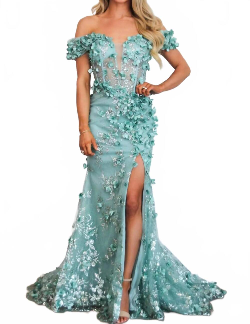 NEW CINDERELLA DIVINE liliana floral applique formal dress in seafoam sage